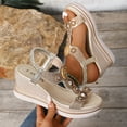 thumbnail image 7 of Women's Low Wedge Heels Summer Dressy Sandals Elastic Ankle Strap Open Toe Flower Shoes Khaki 6.5, 7 of 7
