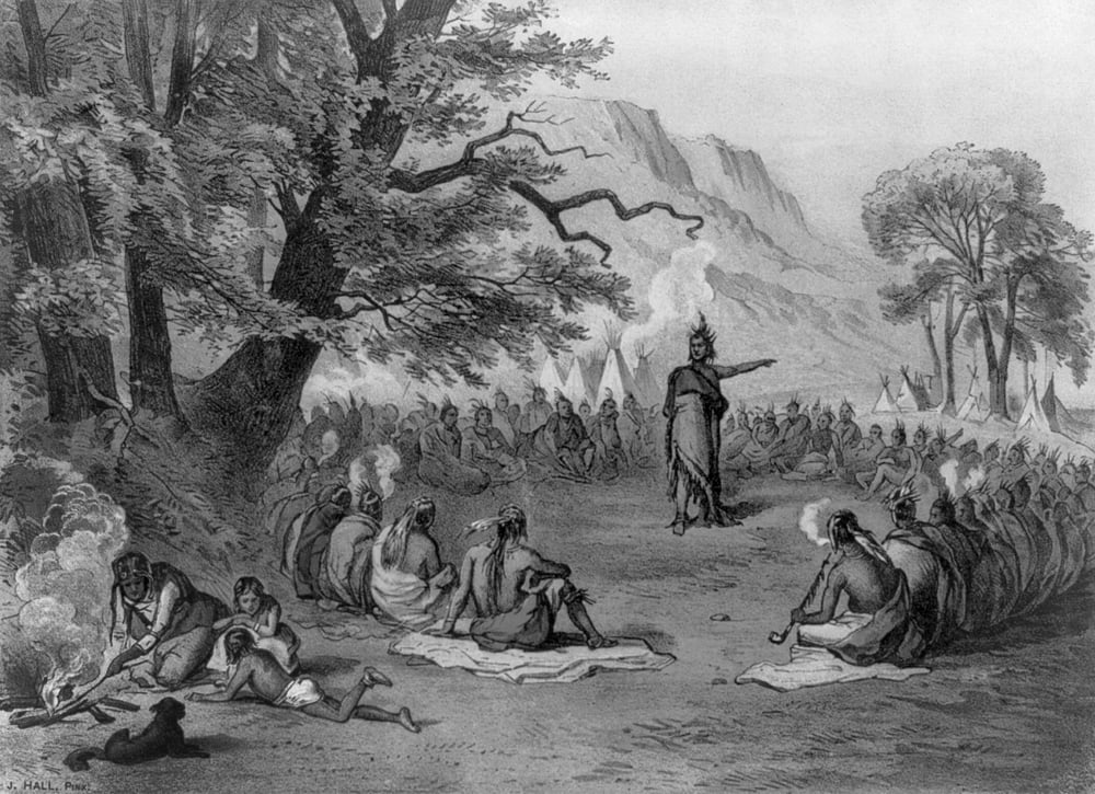 Indian Chief Informing Tribe of Columbus' Arrival Poster Print by