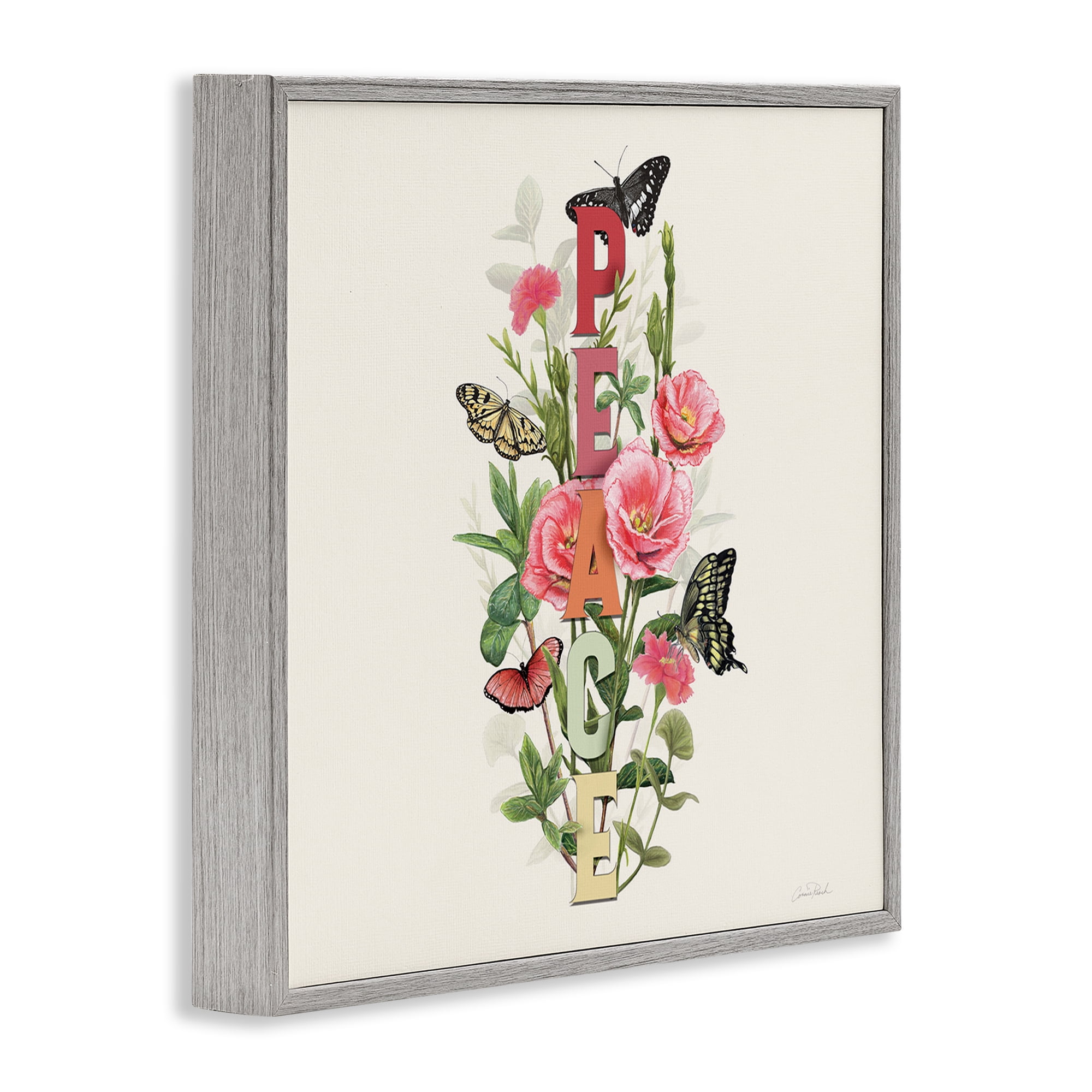 Stupell Industries Peace with Butterflies Botanical & Floral Painting Gray Framed Art Print Wall Art, 24 x 24