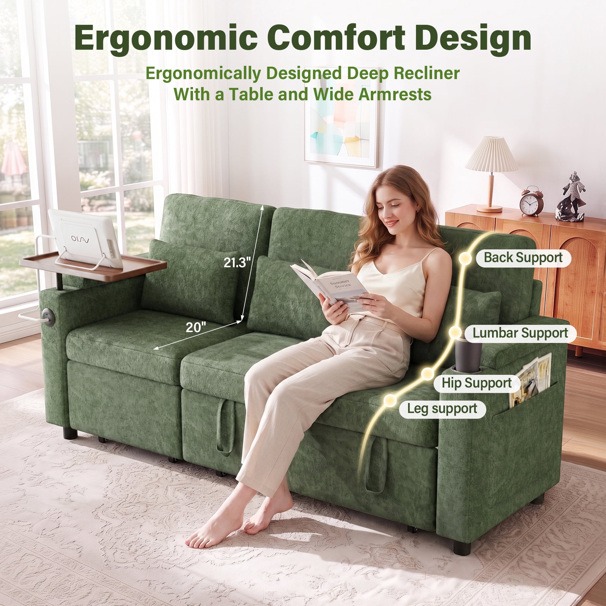 Aukfa 81" Convertible Sleeper Sofa,Chenille 3-in-1 Sofa Bed with Recliner,Center Table,USB Ports & Storage Armrests,Green
