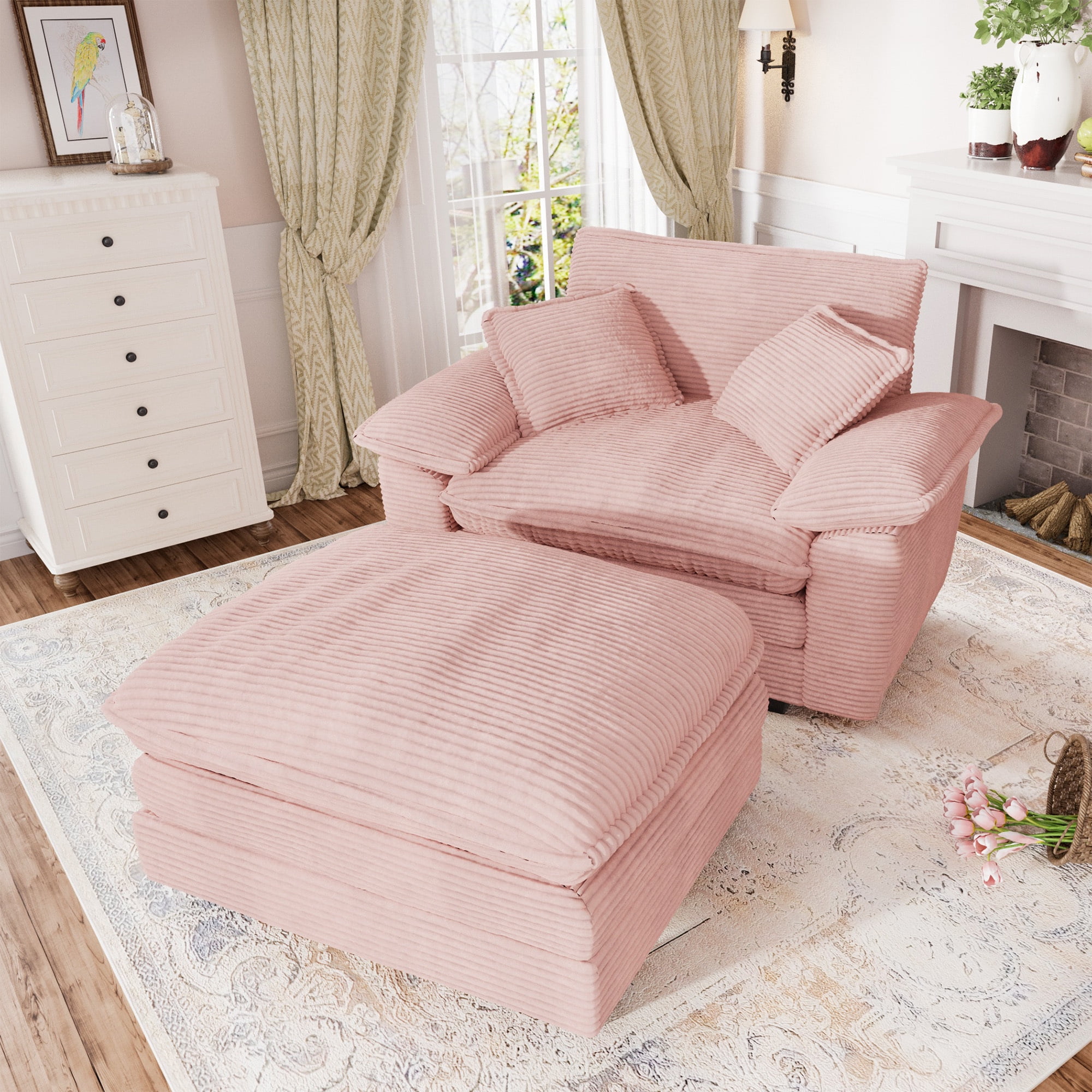 Muumblus Oversized Accent Chair with Ottoman, 48" Indoor Chaise Lounge Cloud Sofa Reading Armchair for Modern Living Room, Bedroom, Pink Corduroy