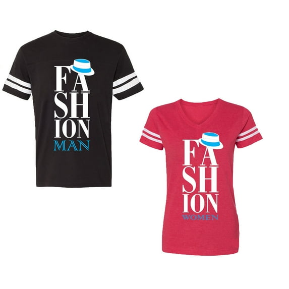 Fashion Man Woman Unisex Couple Matching Cotton Jersey style T-Shirt Contrasting stripes on sleeves (Men Black / Women Red) (Men L / Women XXL)