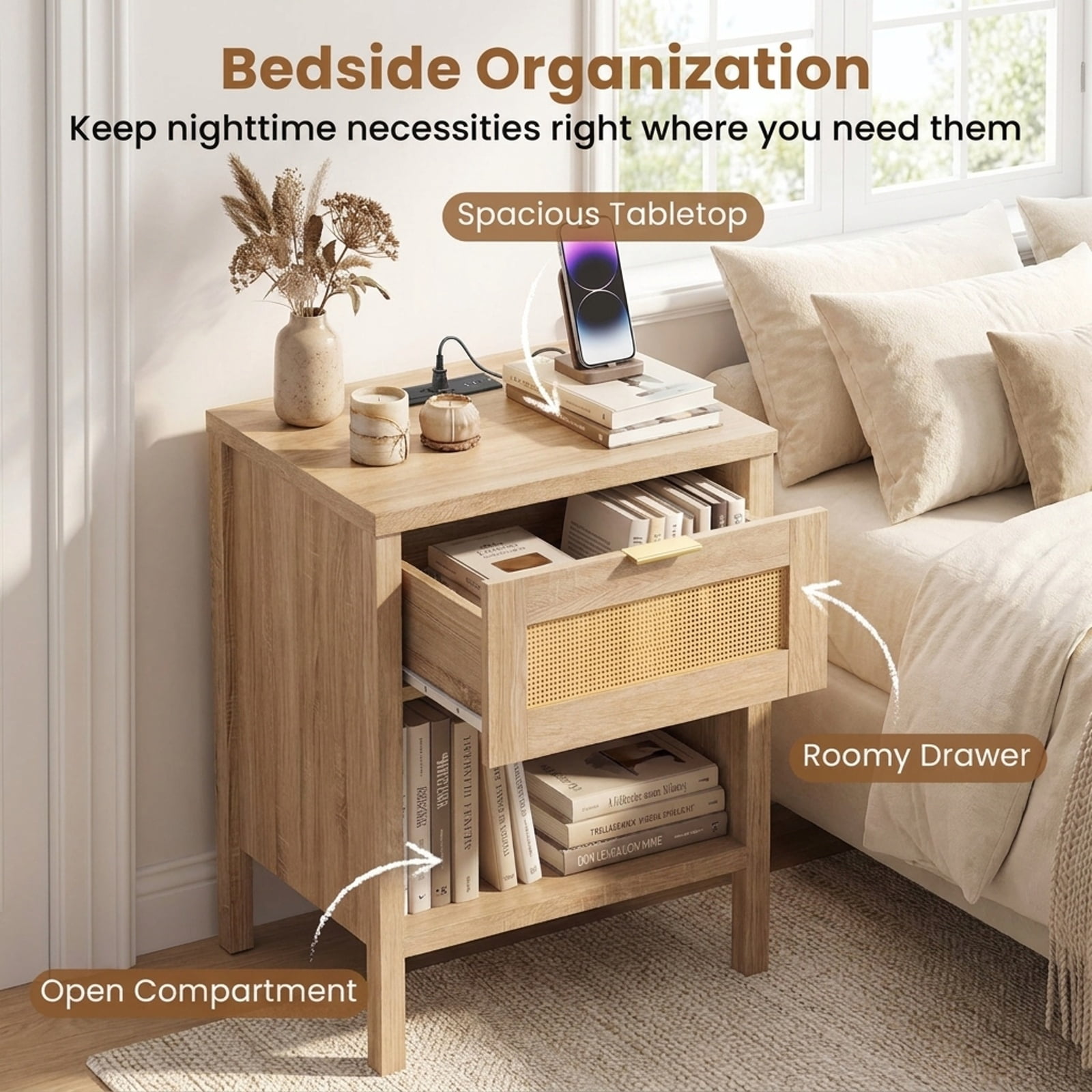 Furnibear Rattan Nightstand with Charging Station and Storage Shelf for Bedroom for Bedroom Living Room Bedside Sofa Side Small Space, Oak