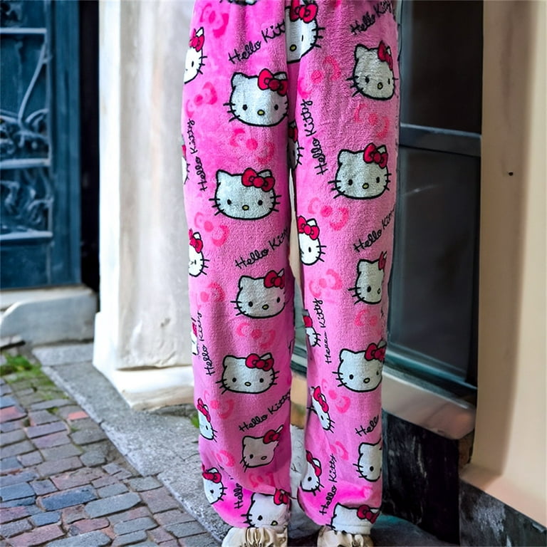 Sanrio Hello Kitty Pajamas Pants Happy Halloween Flannel Women Warm Woolen  Whitecartoon Casual Home Pants Autumn Grils Trousers