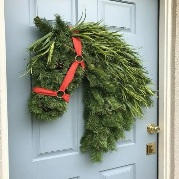 Handmade Horse Head Wreath – 40×30cm Rustic Equestrian Christmas Decor, Faux Greenery Holiday Door Wreath with Red Bow for Farmhouse Home