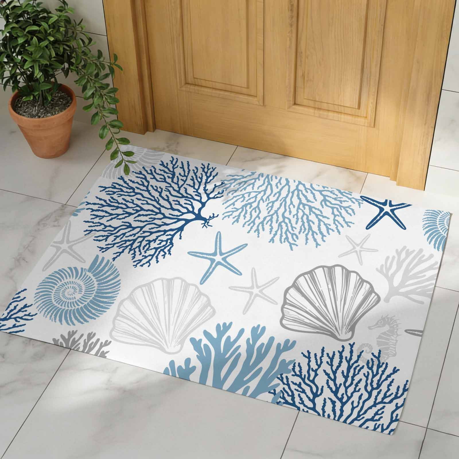 Navy Blue Gray Coastal Indoor Door Mat - 20"x31.5", Non-Slip Welcome Mat for Outdoor, Summer Beach Coral Shell Ocean Front Doormat for Entry, Low-Profile Doormat Entrance Rug for Kitchen/Bathroom