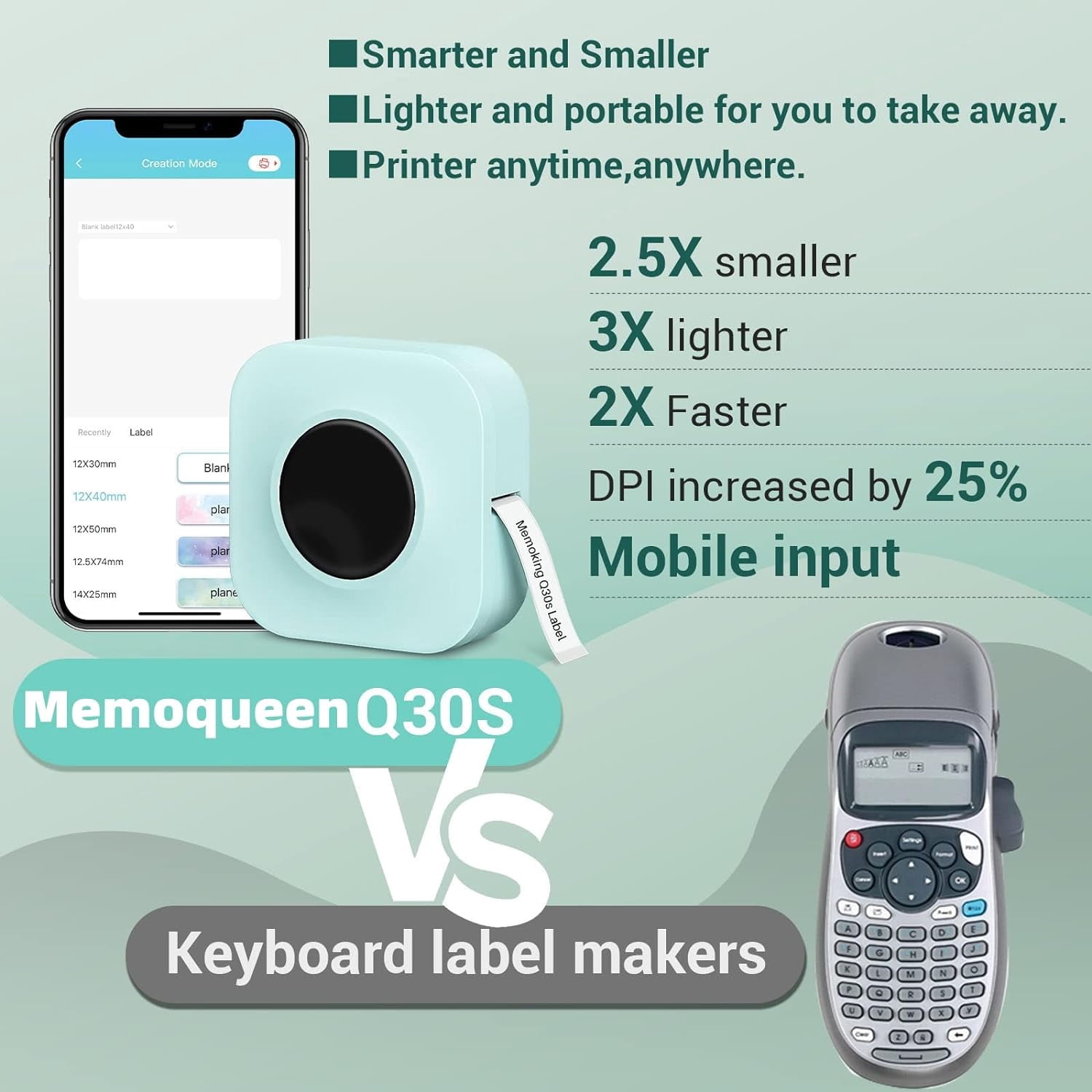 Phomemo Q30S Simplify Labeling with the Bluetooth Mini Label Maker Machine - Perfect for Office, Home, and Organizing - Includes 1 Rolls of Label Tape - Multiple Templates and Easy-to-Use (Green)