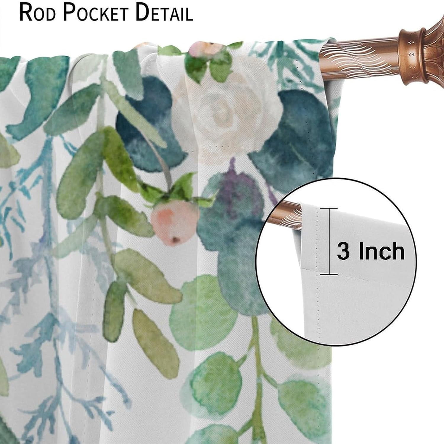Floral Leaves Curtains Pink Flower Watercolor Leaves Nature Rustic Pattern Blackout Print Rod Pocket Window Drapes for Bedroom Living Room 52x84in
