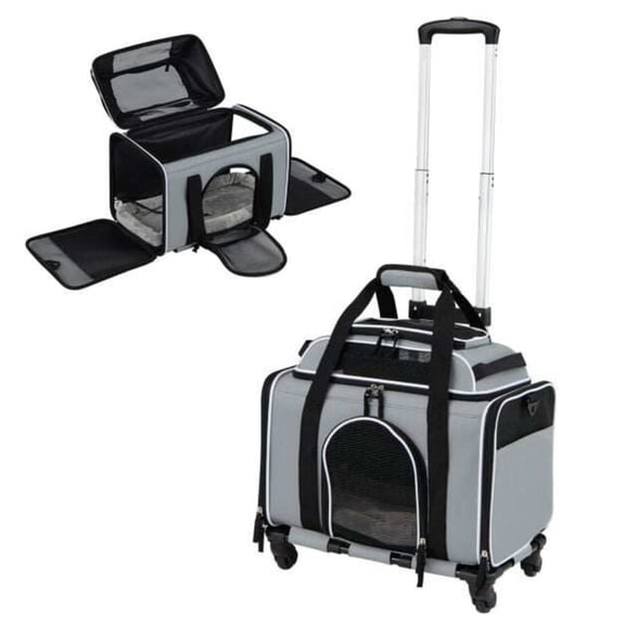 Foldable Rolling Pet Carrier with Detachable Wheels Airline Approved Cat and Dog Travel Carrier with Telescopic Handle Grey