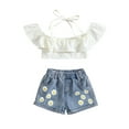 thumbnail image 1 of Kmbangi 2Pcs Shorts Set Solid Color Boat Neck Tie-Up Halter Neck Ruffles Tank Tops + Flower Print Denim Shorts Clothes Suit for Kids Girls Summer 2-7Y, 1 of 9