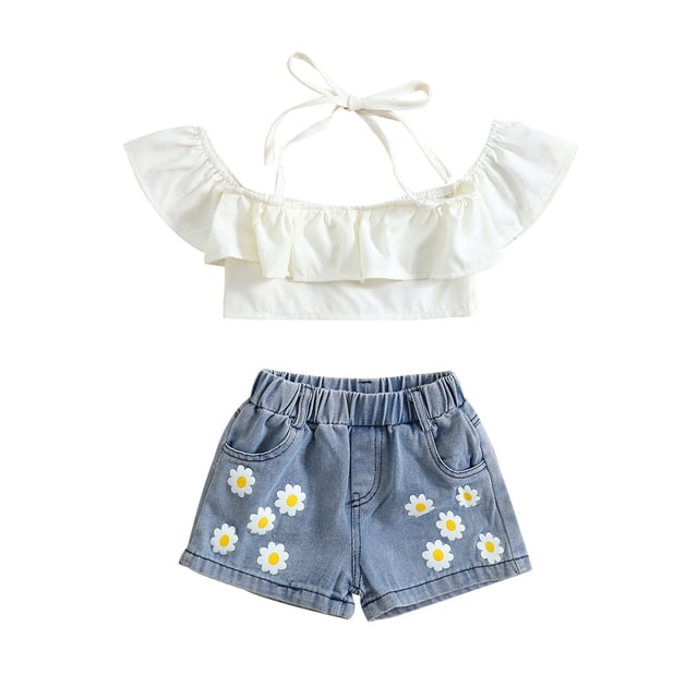 Kmbangi 2Pcs Shorts Set Solid Color Boat Neck Tie-Up Halter Neck Ruffles Tank Tops + Flower Print Denim Shorts Clothes Suit for Kids Girls Summer 2-7Y
