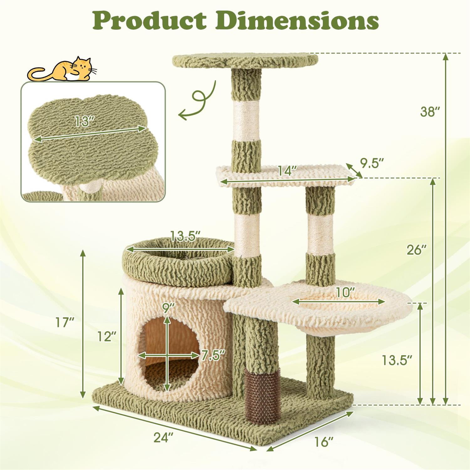 Pefilos 38" Tall Multi-Level Kitten Tower, Condo & Green Padded Bed, Hammock & Sisal Scratching Posts, Green