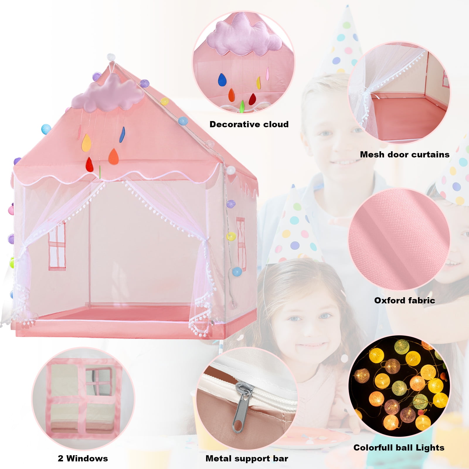 Kids Tent Play Tents for Toddler Large Pink Girls Princess Playhouse Castle with Windows Clouds and Ball Lights for Children Indoor and Outdoor Games 47.2" L x 39.4" W x 51.2" H