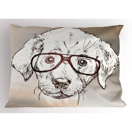 Modern Pillow Sham Cute Hipster Puppy with Glasses Smart Dog Nerd Animal Humor Fun Graphic Design, Decorative Standard Size Printed Pillowcase, 26 X 20 Inches, White Tan Brown, by Ambesonne
