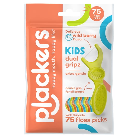Plackers® Kids Dual Gripz™ Floss Picks, Gentle, Tuffloss®, Wild Berry Flavor, Dual Gripz™ for All Stages, with Fluoride, 75 Count