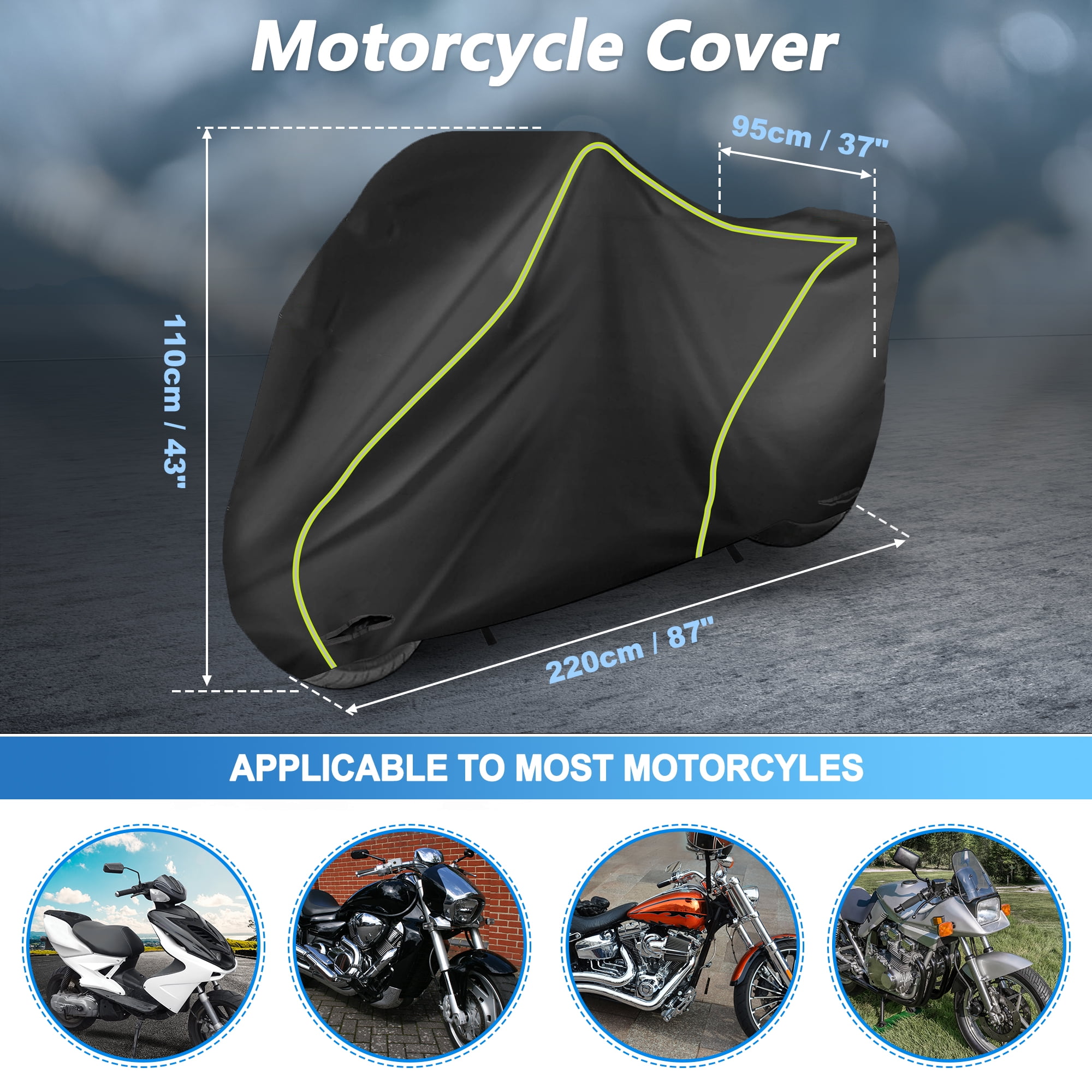 Motorcycle Cover Waterproof Outdoor 300D Oxford Heavy Fabric Scooter Cover Motorbike Cover with Lock-Hole All Weather Protection Black Fits Up to 220cm/87"