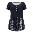 thumbnail image 4 of Vivianyo HD Women Top Clothes Plus Size Women's Summer Printed Round Neck Button Pleated Short Sleeve Top Flash Picks Blue, 4 of 4
