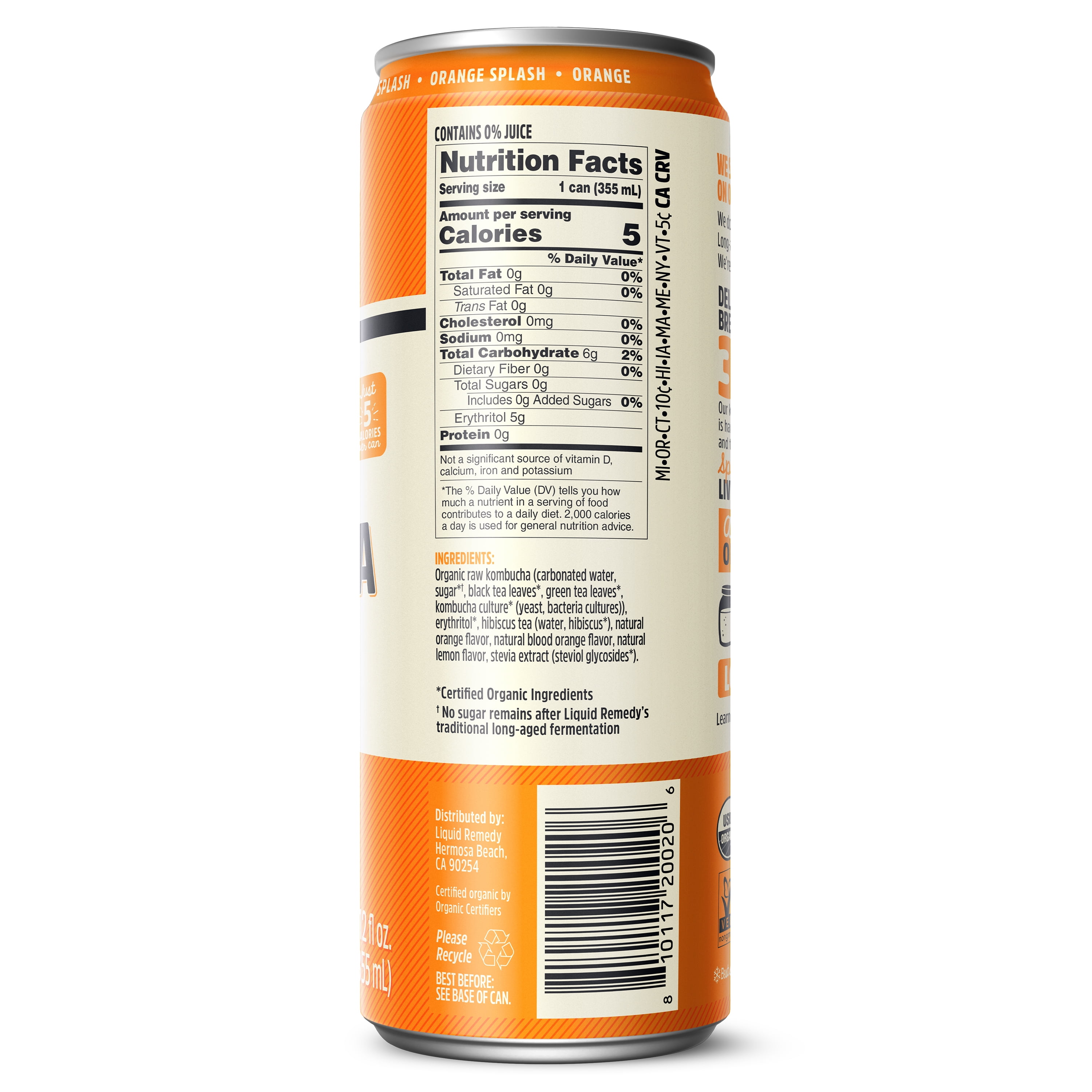 Liquid Remedy Kombucha Orange Splash Low Calorie Sugar Free, 12 Pk, 12 oz Cans