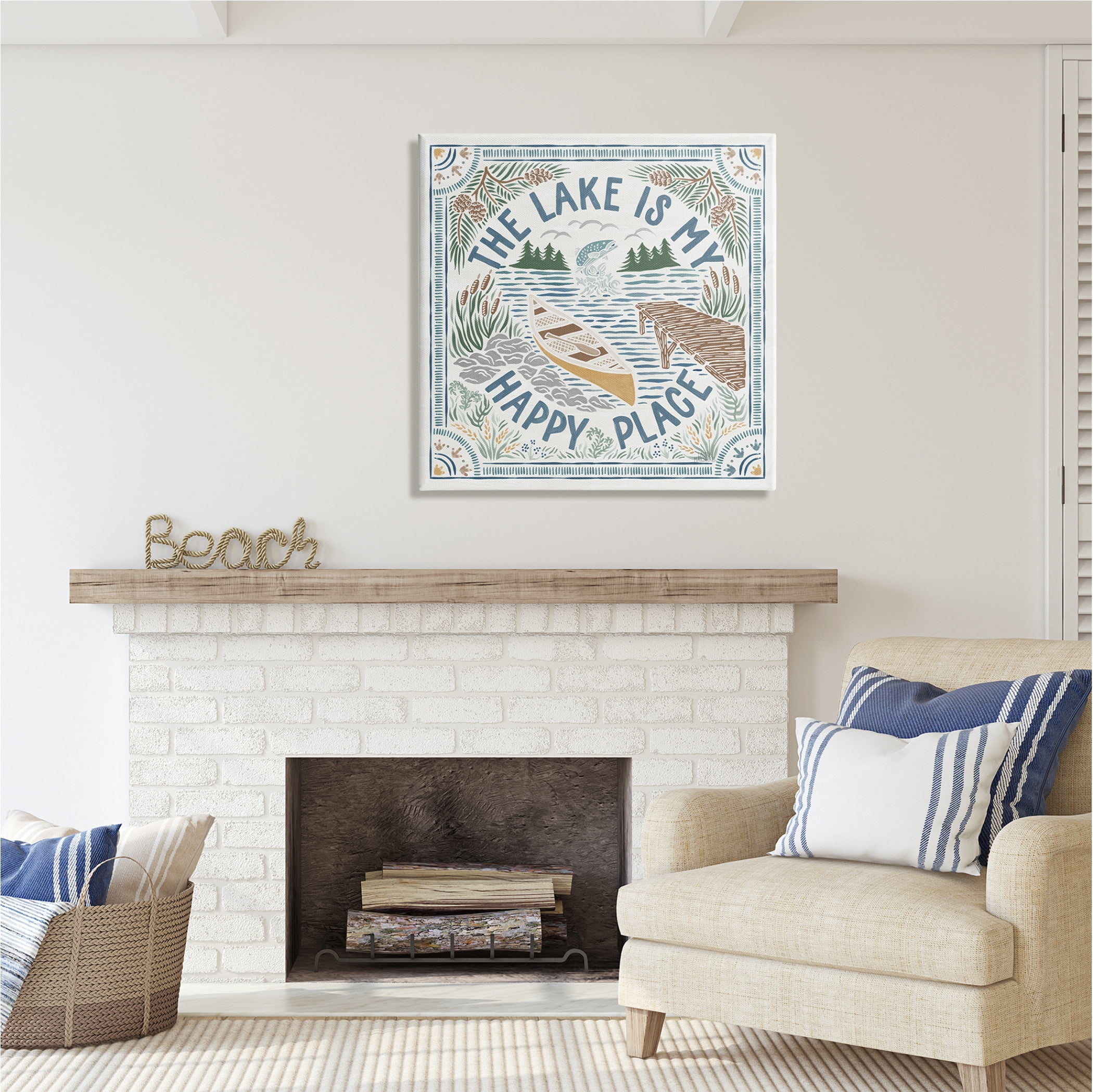Stupell Industries My Happy Place Lake Phrase Nature Painting Gallery Wrapped Canvas Print Wall Art, 30 x 30