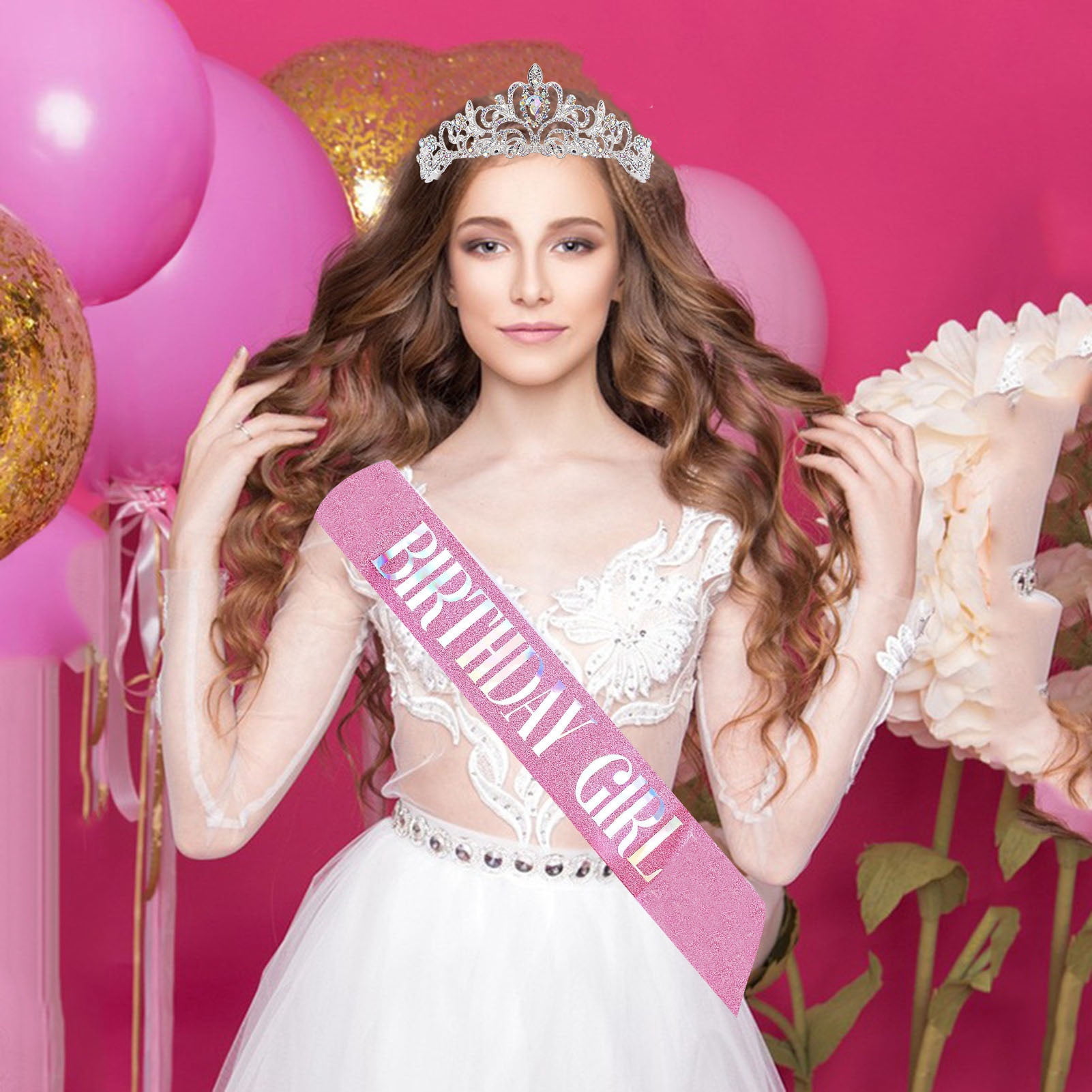 Warkul 2Pcs/Set Women Shiny Rhinestone Birthday Tiara Crowns Belt Set Girls Princess Crown with Combs Birthday Party Decoration