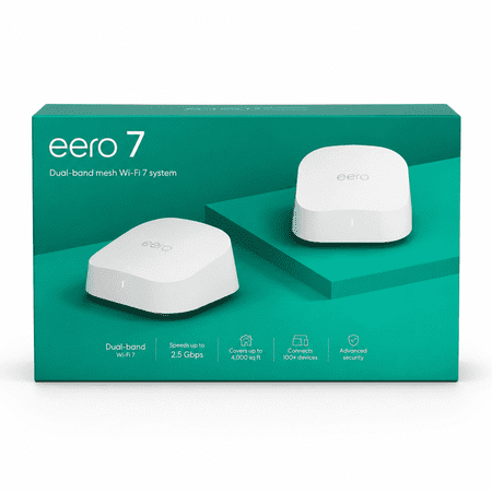eero 7 Dual-Band Wi-Fi 7 Mesh Router with 2 AC Power Adapters, 1 Ethernet Cable, 2 Count