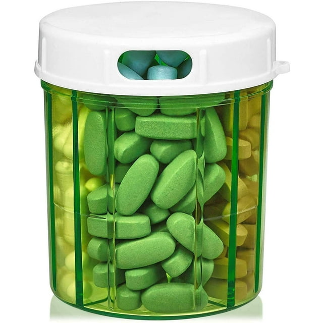 Dispensador de pastillas con 4 compartimentos, caja de medicamentos, vitaminas y suplementos, pastillero redondo en forma de botella JM