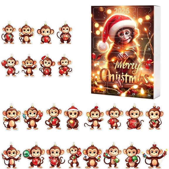 Merry Christmas Advent Calendar 2026, 24 Days of Christmas Countdown Calendar Blind Box with Hanging Mini 2D Cartoon Monkey Christmas Decorations, Mystery Surprise Christmas Gifts for Boys Girls