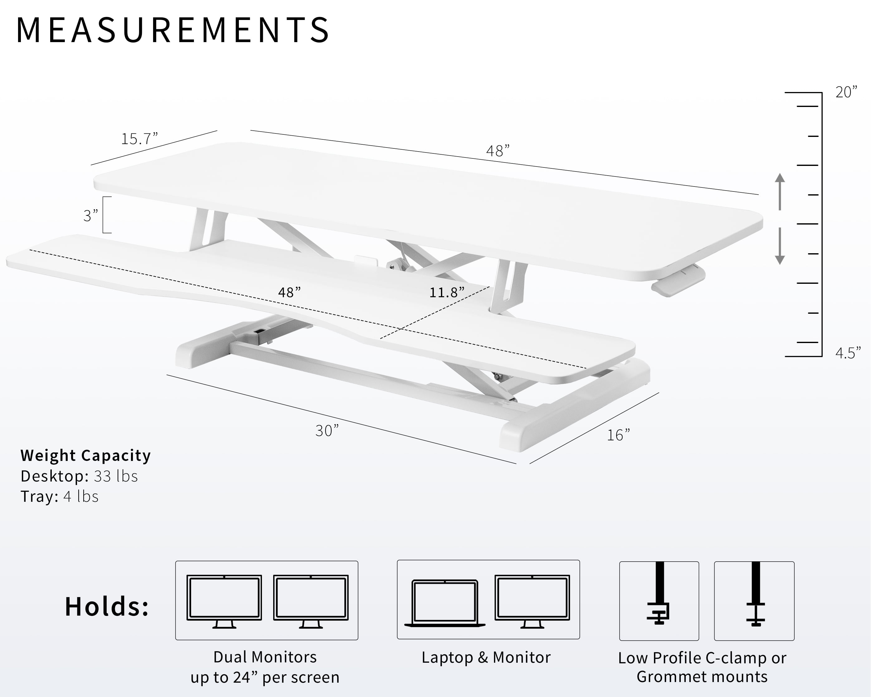 VIVO White Height Adjustable 48" Standing Desk Monitor Riser, Sit Stand Tabletop