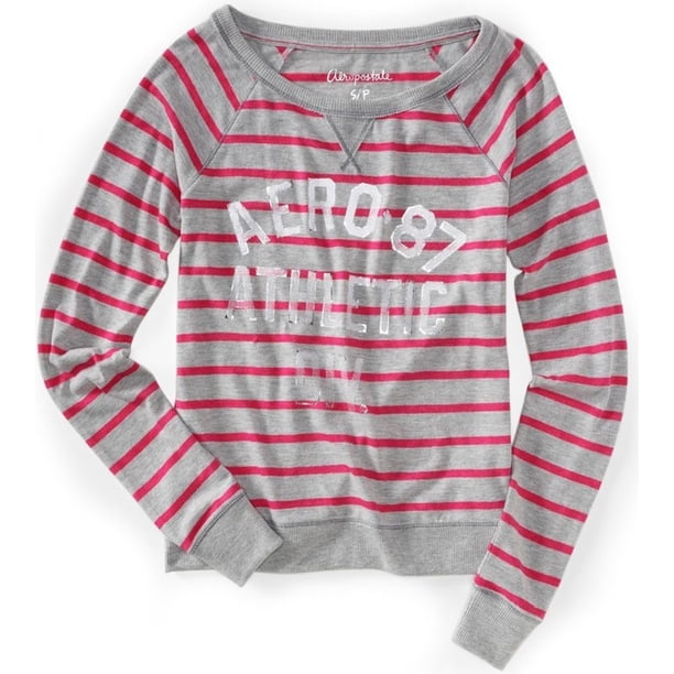 Aeropostale - Camiseta gráfica de punto para mujer con rayas, color gris, pequeña