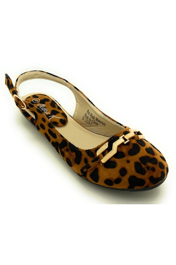 Womens Leopard Print Slingback Flats Open Back Pointed Toe Slip-On Shoes with Gold Chain Accent Stylish Comfortable Casual Dress Flats for Work, Travel, or Everyday Wear
