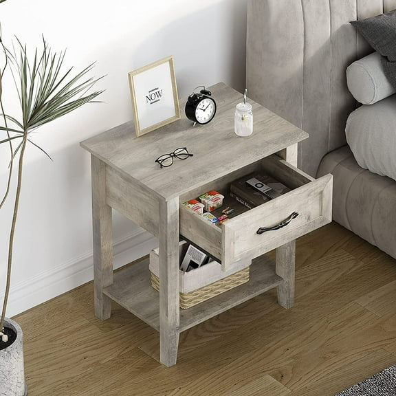 Grey Nightstands Set of 2, End Tables with Drawers, Side Tables with 2-Tier Storage Shelves, Bedside Tables for Living Room, Bedroom, Dorm (2pcs-Grey)