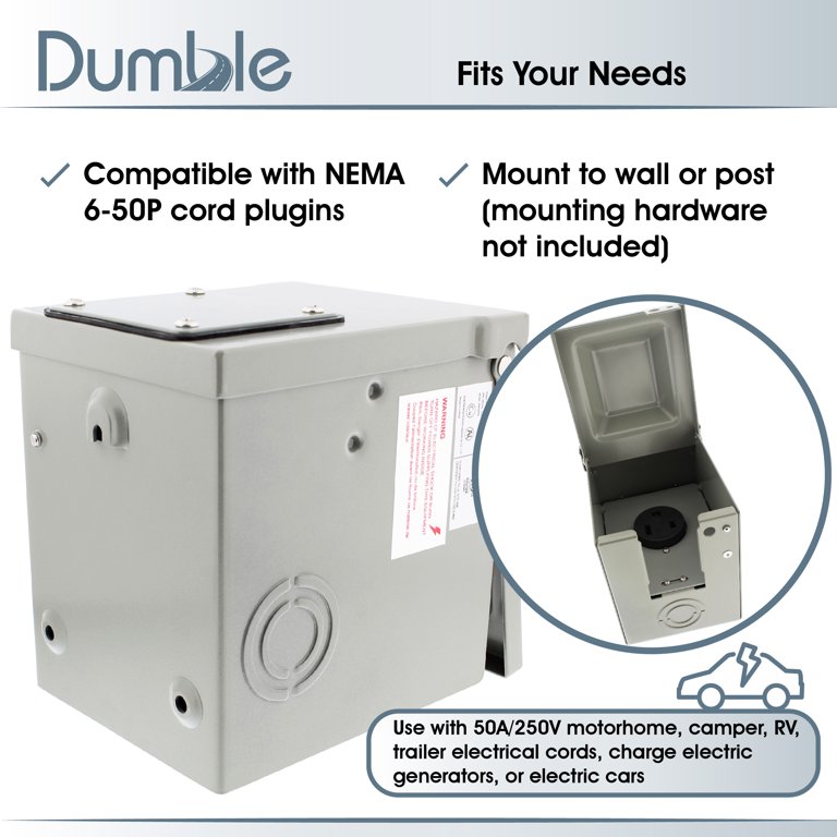 Dumble 50 AMP RV Outlet Receptacle Pedestal Box - NEMA 6-50R 50