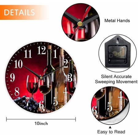 PYYNA-Wine Still Life Wall Clock Wine Bottles Glasses Oak Barrels Grapes Red 10 Inch Silent Non Ticking Battery Operated Clock Vintage Round Clock for Living Room Bedroom Bathroom Office Decor