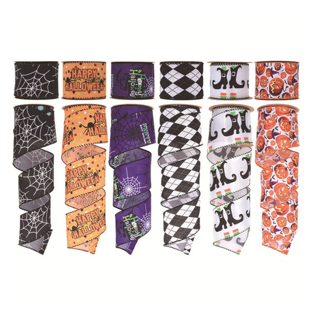 Cheer US 63mm Halloween Wired Edge Ribbons Bat Spider  Printed Ribbon Witch Legs Hat Skull