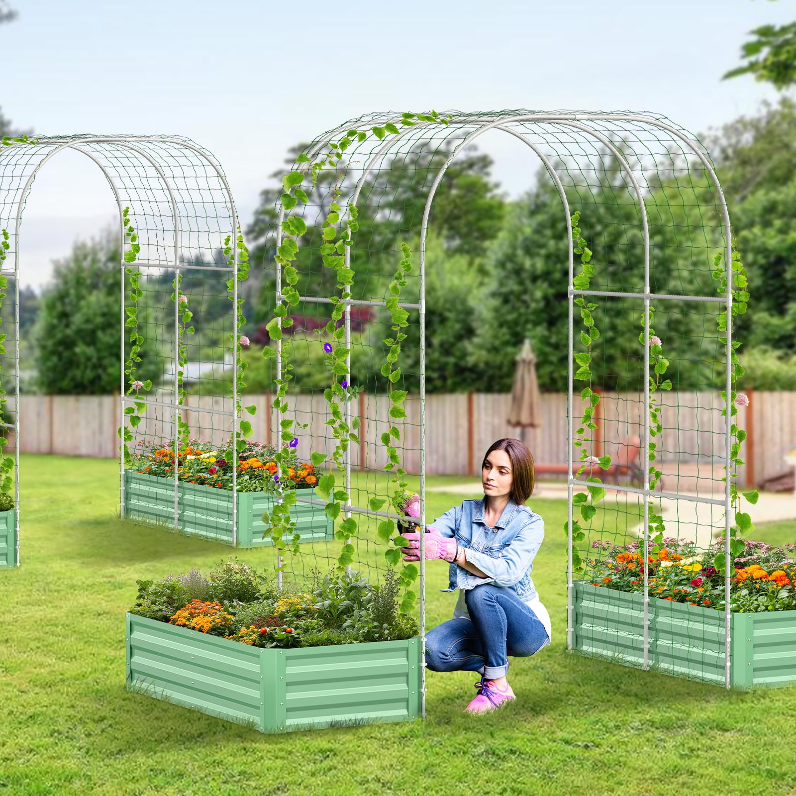 Slsy 3 in 1 Galvanized Raised Garden Bed with 85in Tall Arch Trellis for Climbing Vegetables Flowers Herbs, Metal Raised Garden Bed Kit with Trellis, Plant Ties, Climbing Supporting Netting