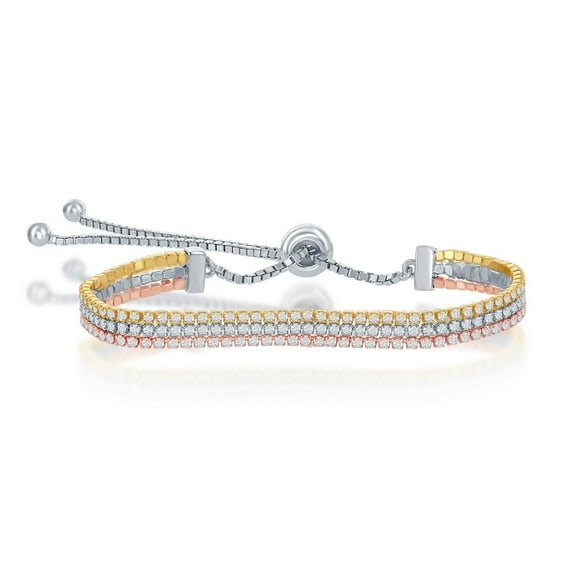 iJewelry2 Tri-color Sterling Silver Three Strand Clear CZ Tennis Adjustable Bolo Bracelet