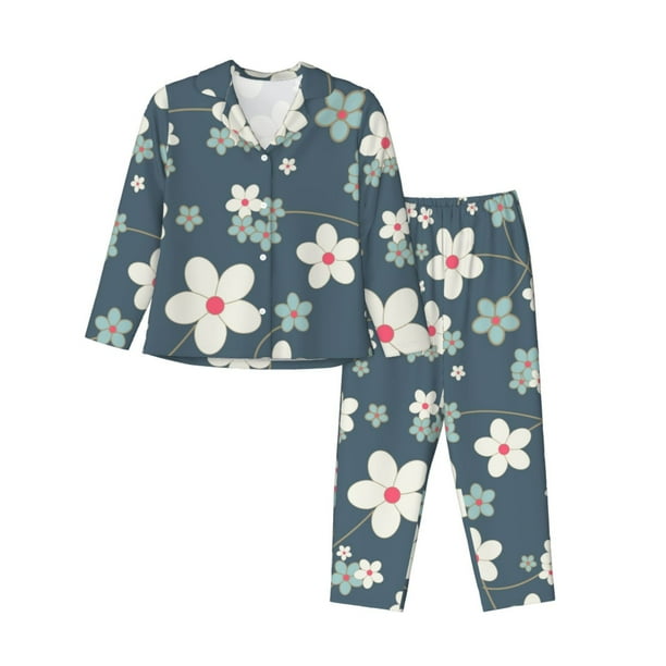 Balery Blue Flower Conjunto de Pijama con Estampado para Mujer, Conjunto de Dos Piezas con Manga Larga, Ropa de Dormir Suave con Bolsillos, Pijamas Cómodos-Large