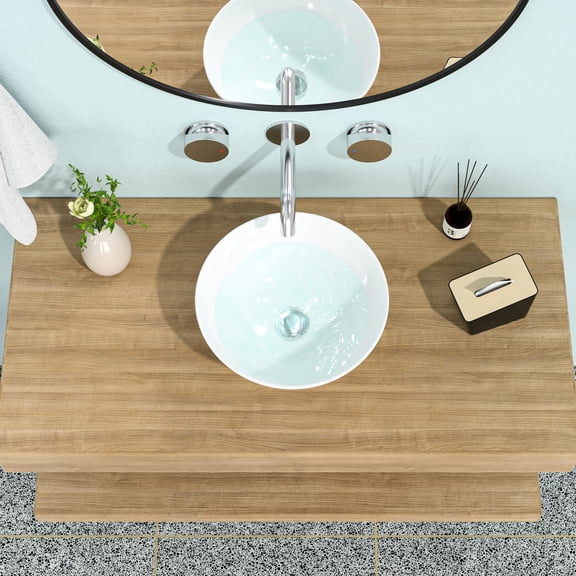13x13 Inch White Circular Ceramic Bathroom Sink / Stain-Resistant and Easy to Clean