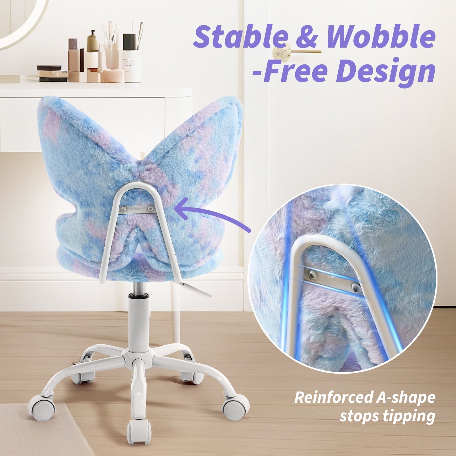 Adorable Butterfly Kids Desk Chair, Comfy Swivel Computer Seat for Girls Room, Fluffy Office Roller Chair for Study Bedroom Reading & Vanity, Blue