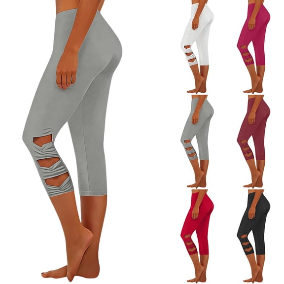NordicNest Women's High Waisted Cutout Capri Yoga Leggings, Ruched Knee Length Workout Pants, Casual Solid Cropped Athletic Pants for Spring, Summer & Fall #007 Light Gray M