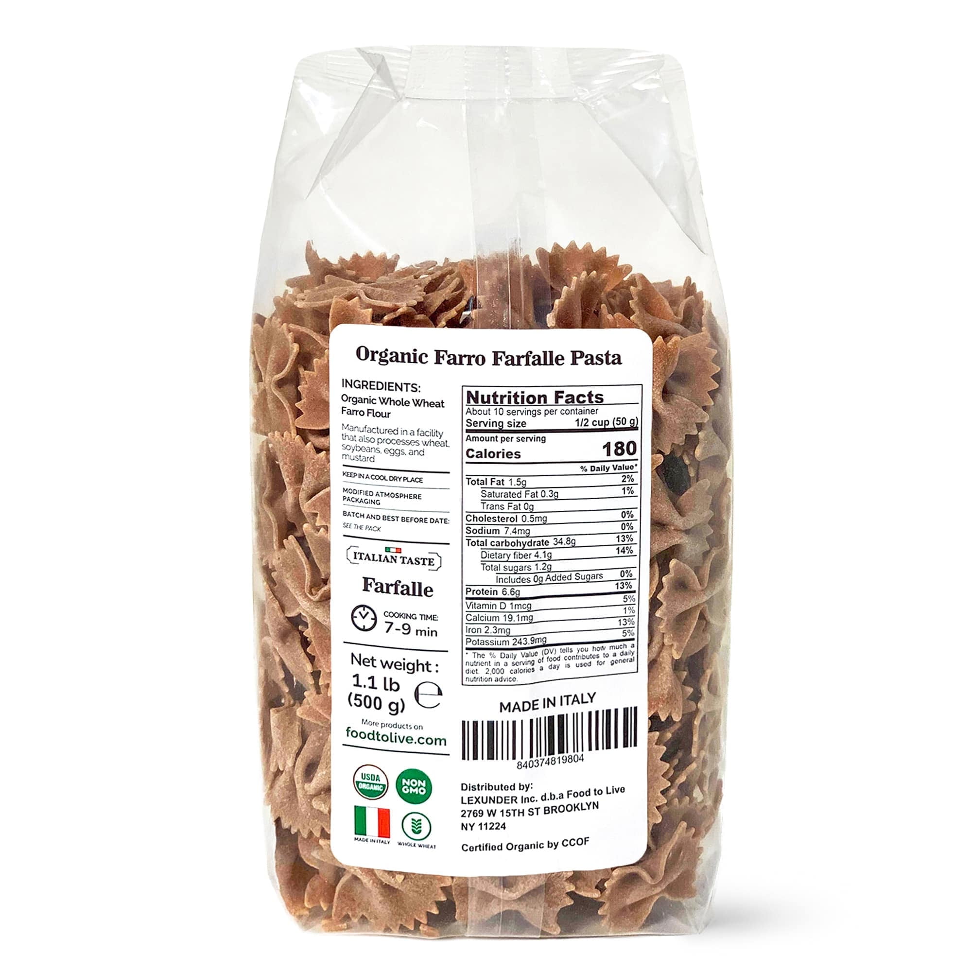 Organic Farro Farfalle Pasta, 1.1 lb (Pack of 4) – Italian Whole Wheat and Non-GMO Bow-tie Pasta – by Food to Live