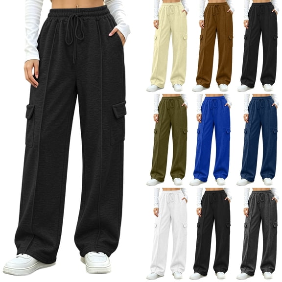 Baggy Cargo Pants for Women, Elastic Drawstring Waist Solid Casual Pants with Multi Pockets, Lounge Jogging Work Wear | VerBelle,Army Green L