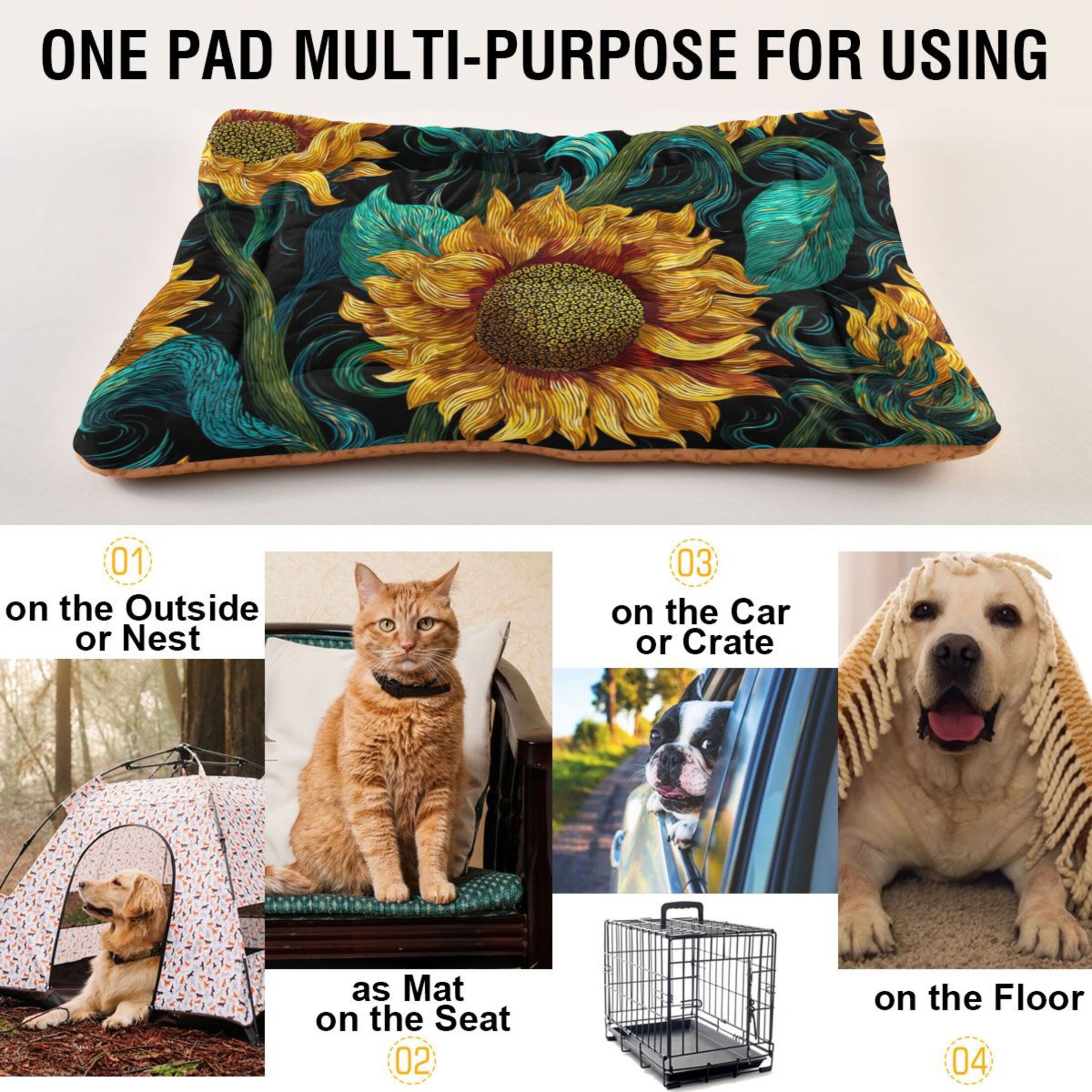 Cozy Mat Pet Bed Indoor Outdoor Warm Soft For Cat Dog Puppy(S/M) Sunflower