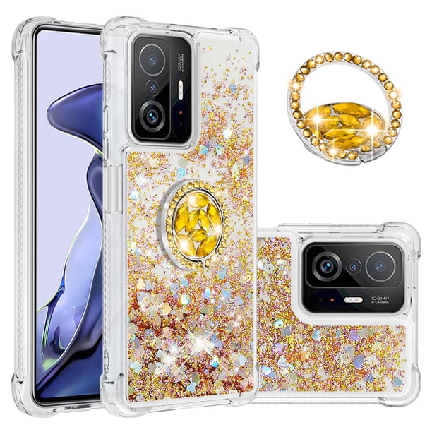 Funda para Xiaomi 11T/11T Pro 5G con Brillo Líquido Flotante, Purpurina, Parachoques y Anillo Giratorio Soporte