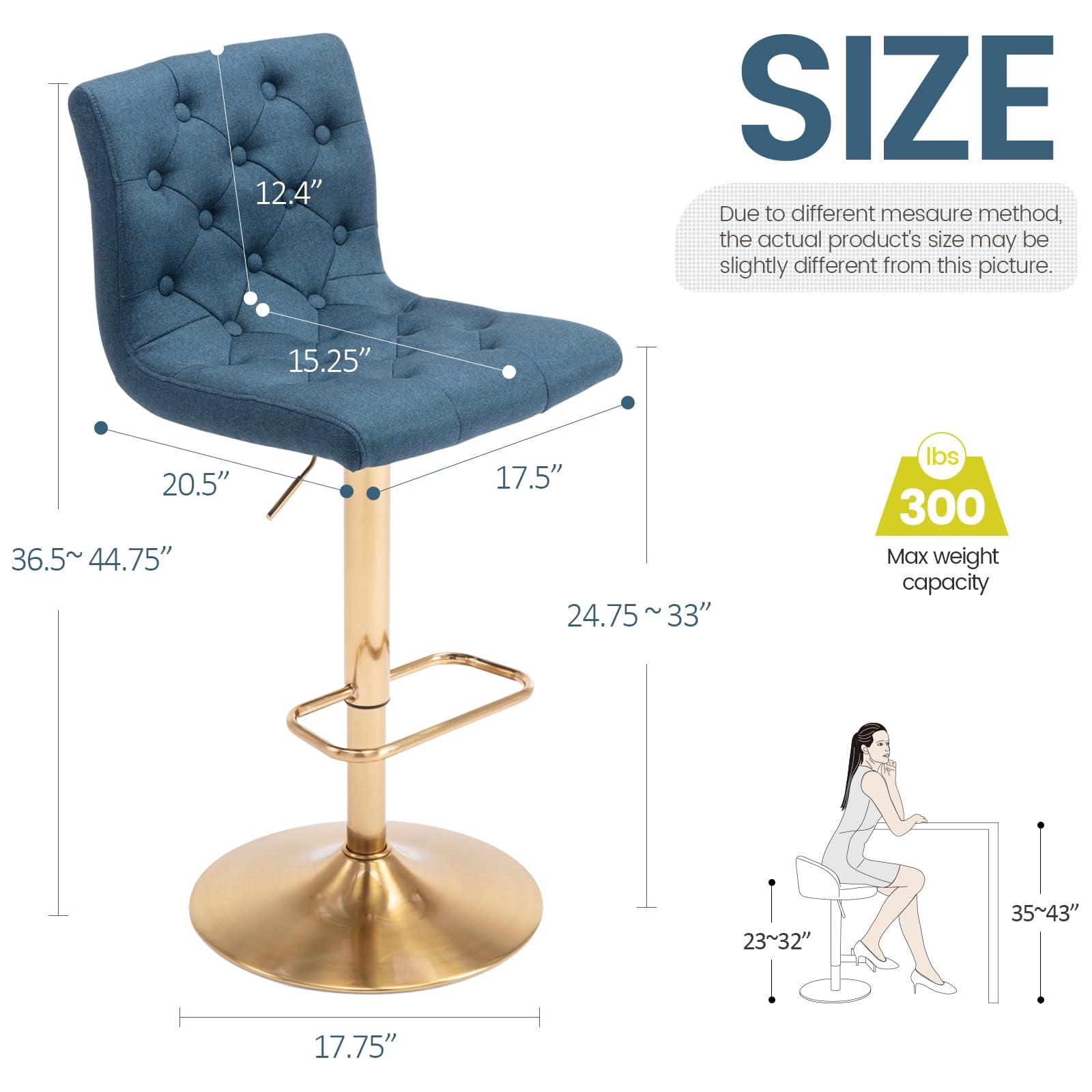 Modern Upholstered Bar Stool with Back Set of 2, Armless 360° Swivel Adjustable Height Linen Padded Bar Chair for Kitchen Island, Dining Room, or Café (Blue)