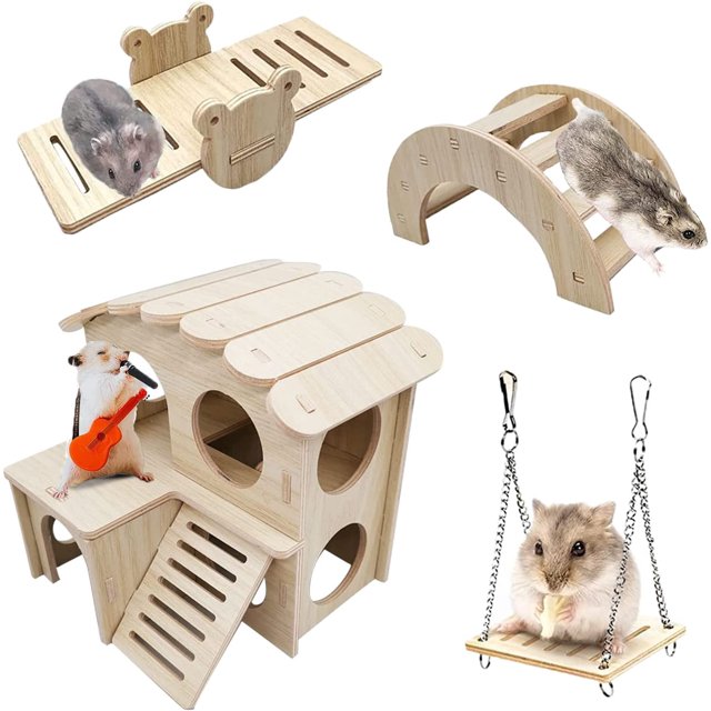 Juego de 4 juguetes de madera para hámster, juegos de hámster que incluyen puente colgante para casa de hámster, accesorio para hámster, conejillo de indias, chinchilla, hámster ruso JAMW Sencillez