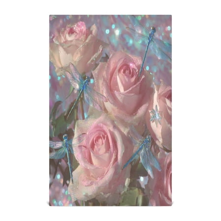 Qxltty Pink Rose Dragonfly Kitchen Towels 28 x 18 Inch Soft Cotton Linen Feel Dish Towels with Hanging Loop for Drying Cleaning & Decor