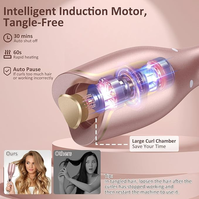 RKXQT Automatic Curling Iron, Hair Curler 1" Large Slot, 4 Temperature Settings, 12s-19s Timers, Dual Voltage, Anti-Scald, Anti-Tangle, Auto Shut-Off, LCD Display, Fast Heating Easy for Use, Pink
