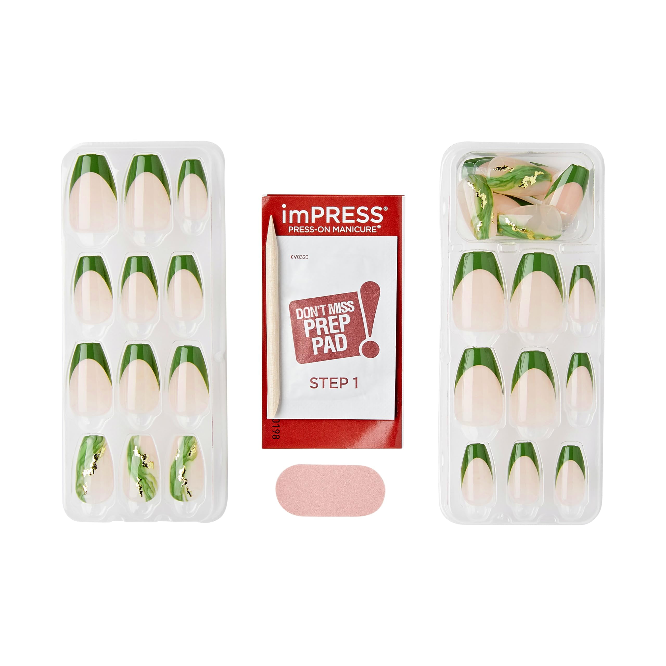 Kiss Impress No Glue Mani Press-On Nails Design 'Ballerina' Neutral/Green Medium Size Coffin Shape Includes 30 Nails Prep Pad Instructions Sheet 1 Manicure Stick 1 Mini File