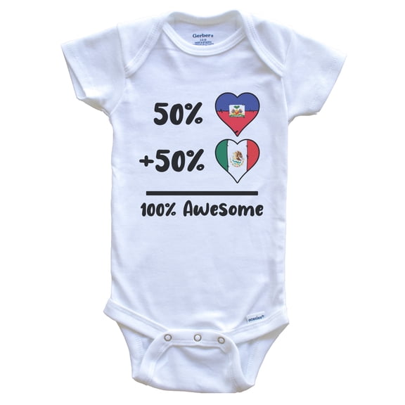 50% Haitian Plus 50% Mexican 100% Awesome Haiti Mexico Heart Flags Baby Bodysuit, 0-3 months white